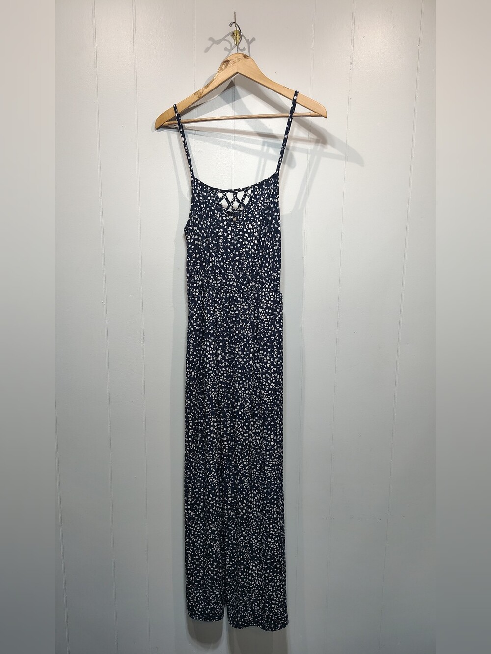 Maurices Maxi Dress Blue Polka Dot Lattice Front Size Medium